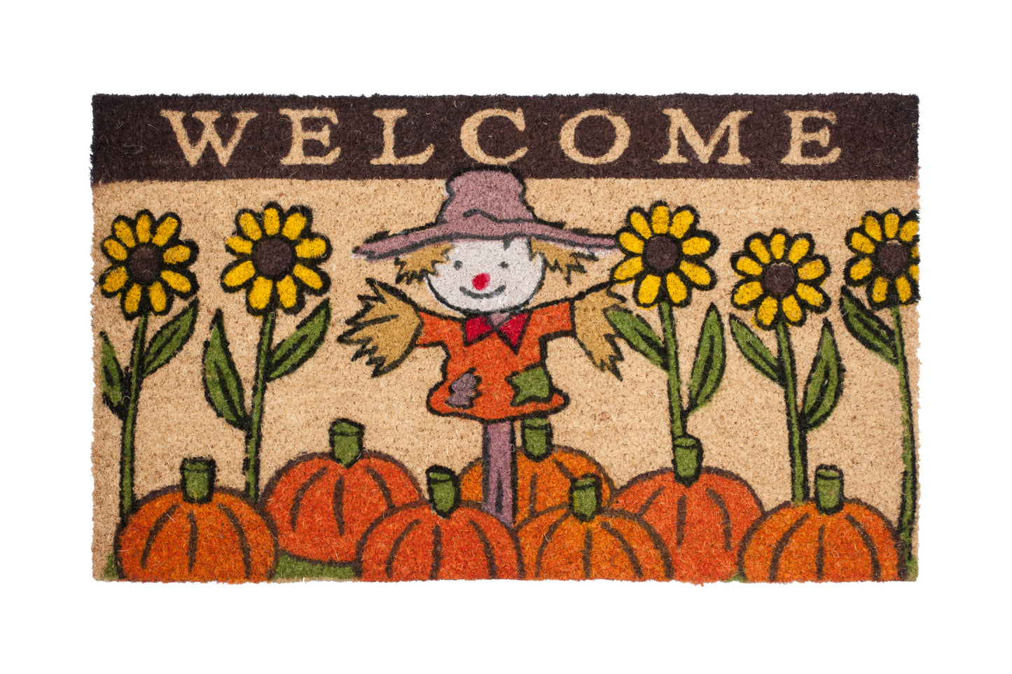 Decorative doormat with scarecrow, pumpkins, and sunflowers featuring the word 'Welcome'.