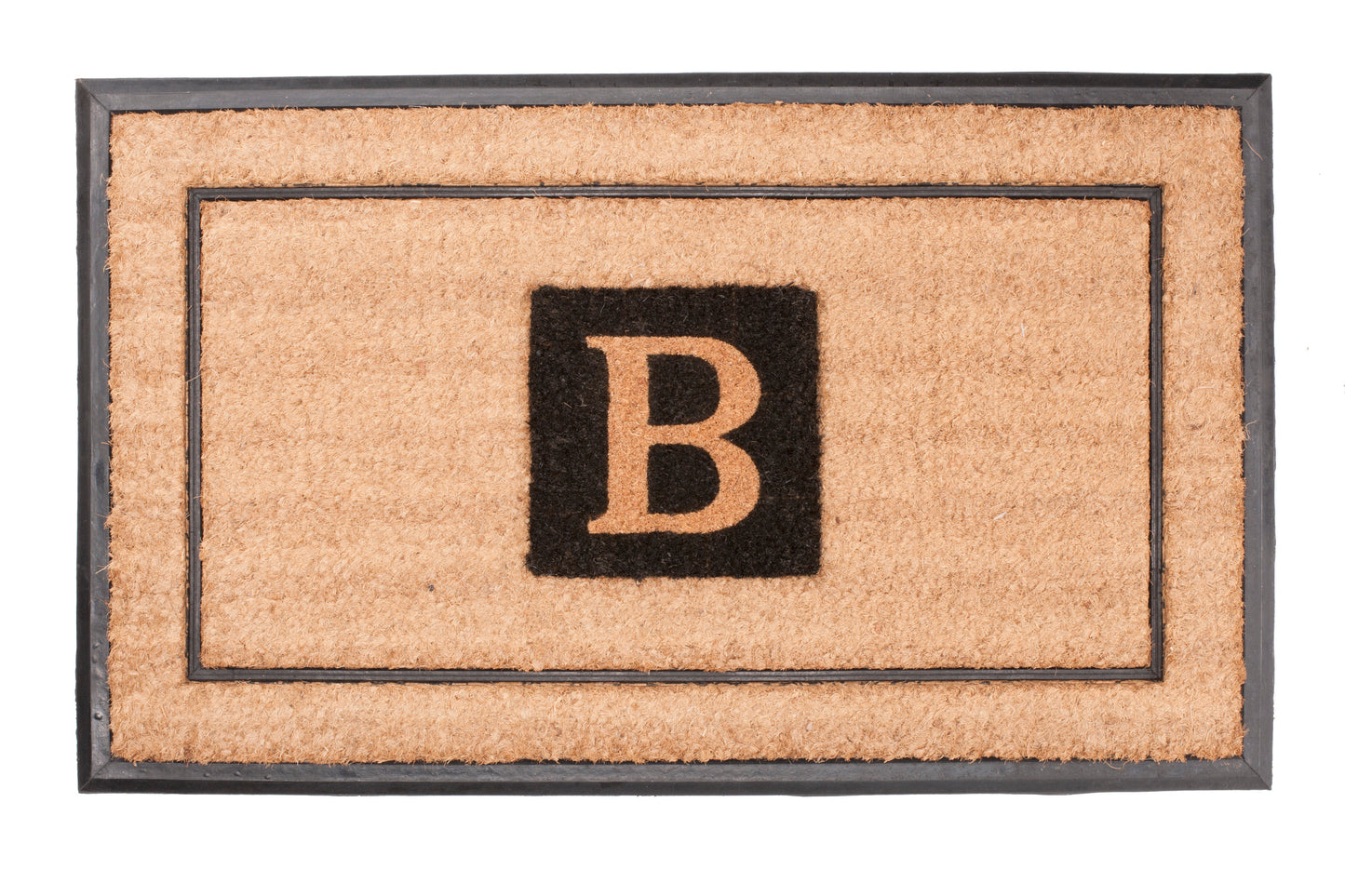 Doormat with a black border and letter 'B' in the center on a white background