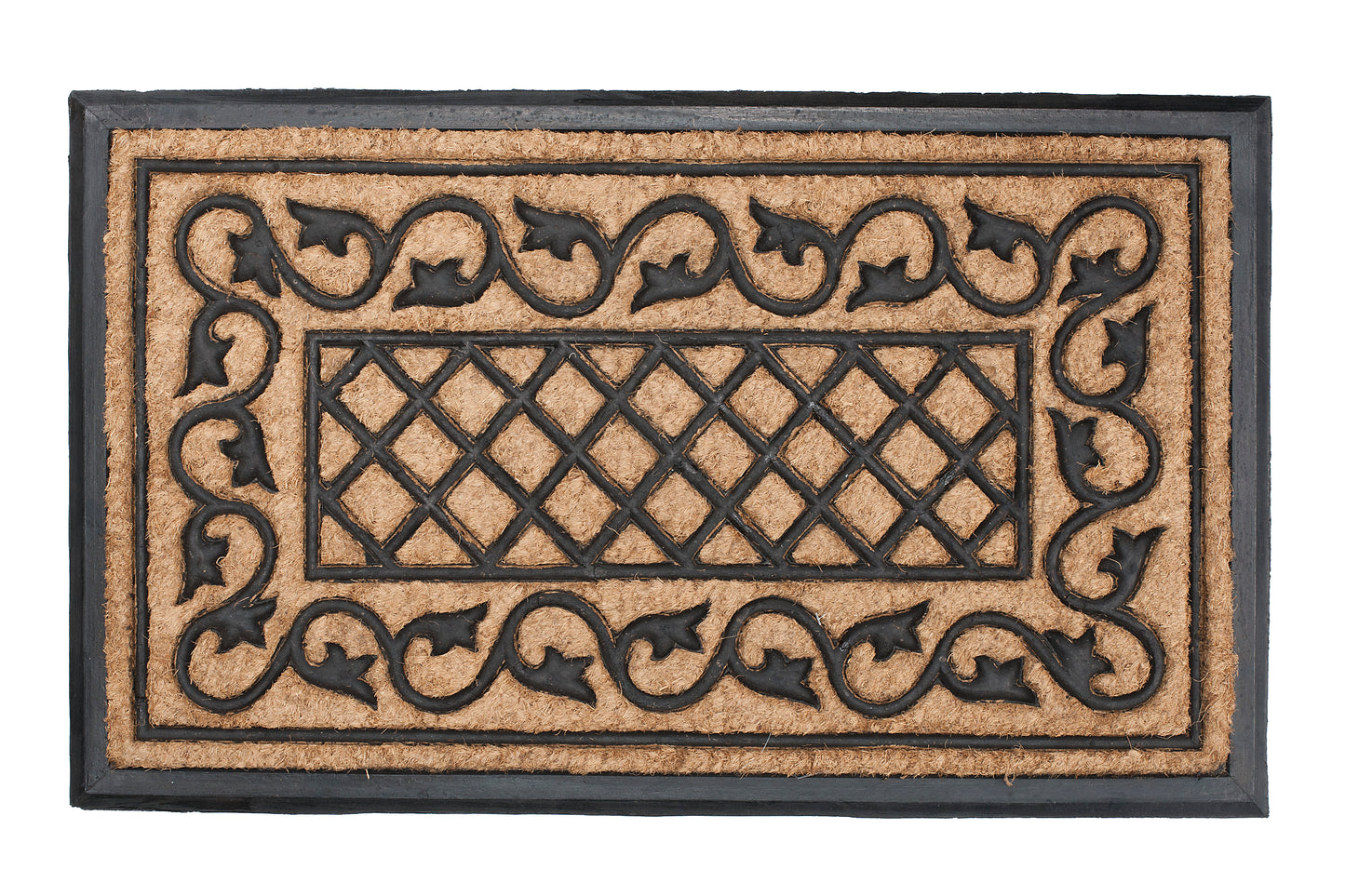 Decorative doormat with black lattice design on a beige background