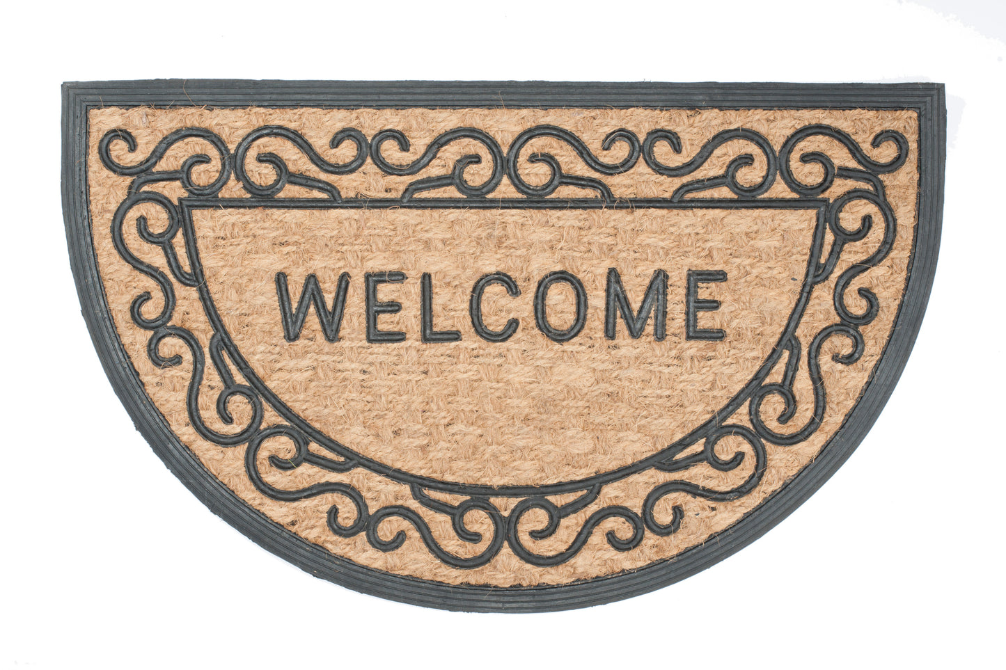 Decorative semi circle doormat with 'WELCOME' text on a white background
