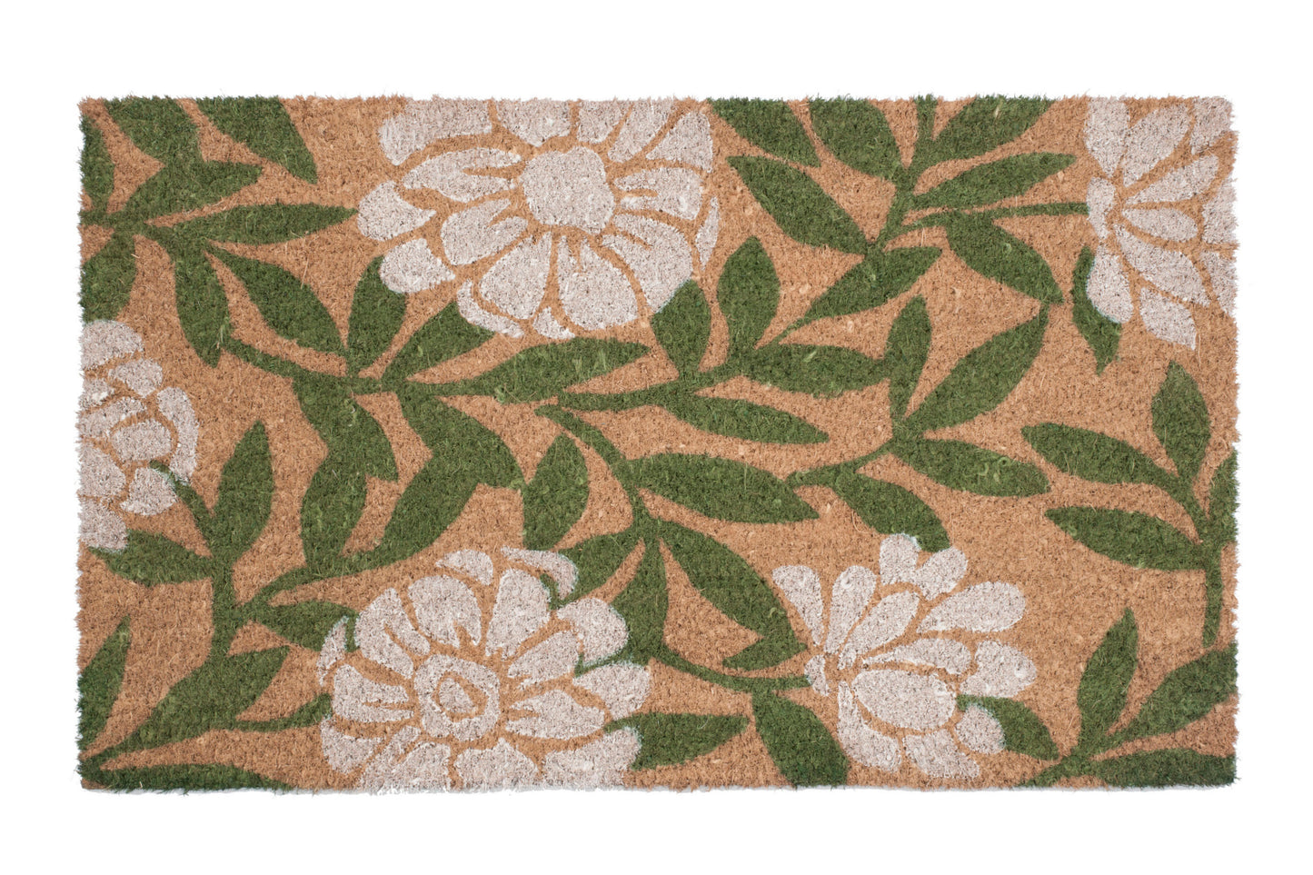 Floral patterned doormat with white flowers and green leaves on a brown background