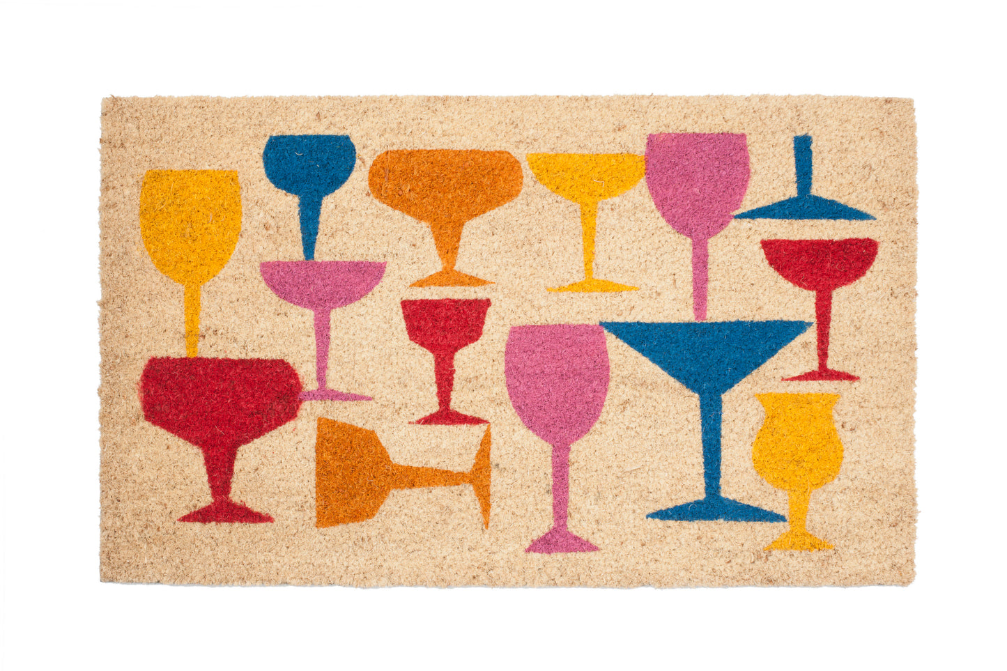 Doormat with colorful wine glass designs on a beige background