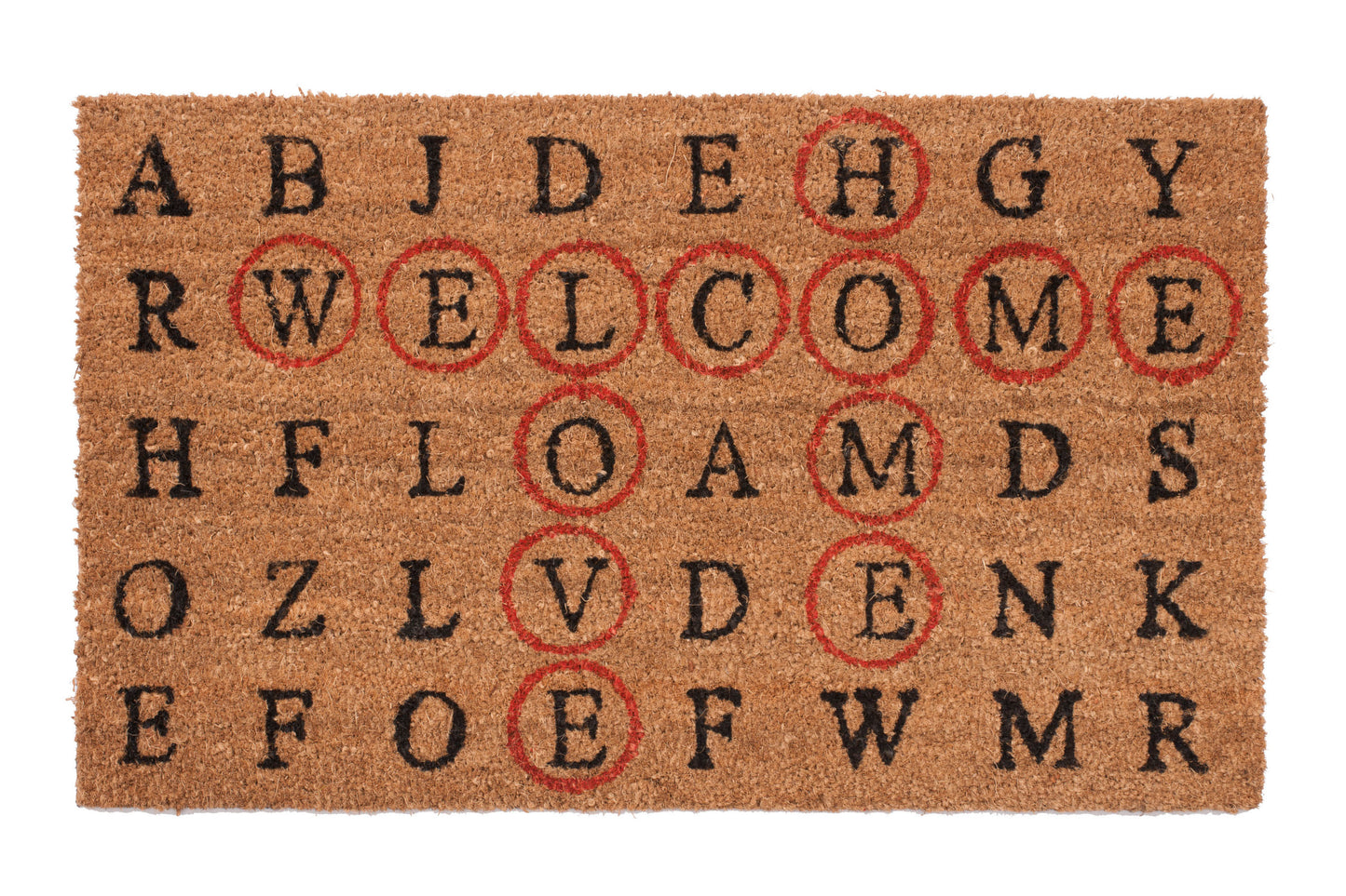 brown door mat with jumbled word design welcome love and home