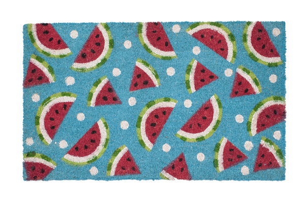 Entryway coir door mat with watermelon slice print on a blue background