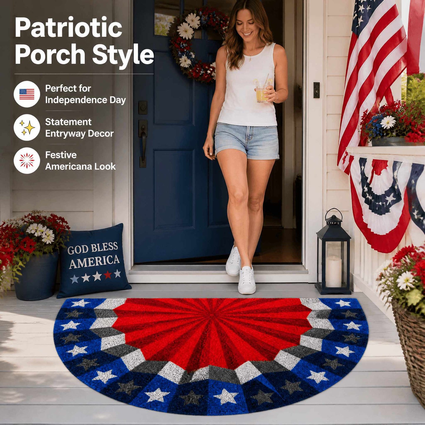 Americana Bunting Door Mat – Patriotic Outdoor Coir Non-Slip Entry Mat