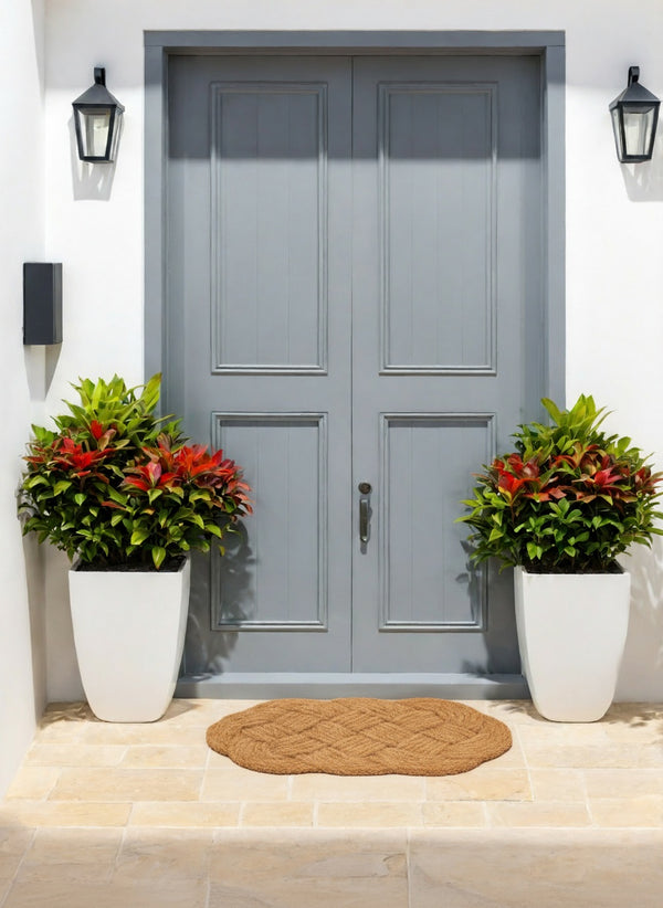 Gray front door with decorative plants and a doormat on a white wall background