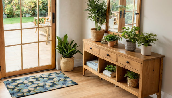 Wooden console table with plants in a home setting