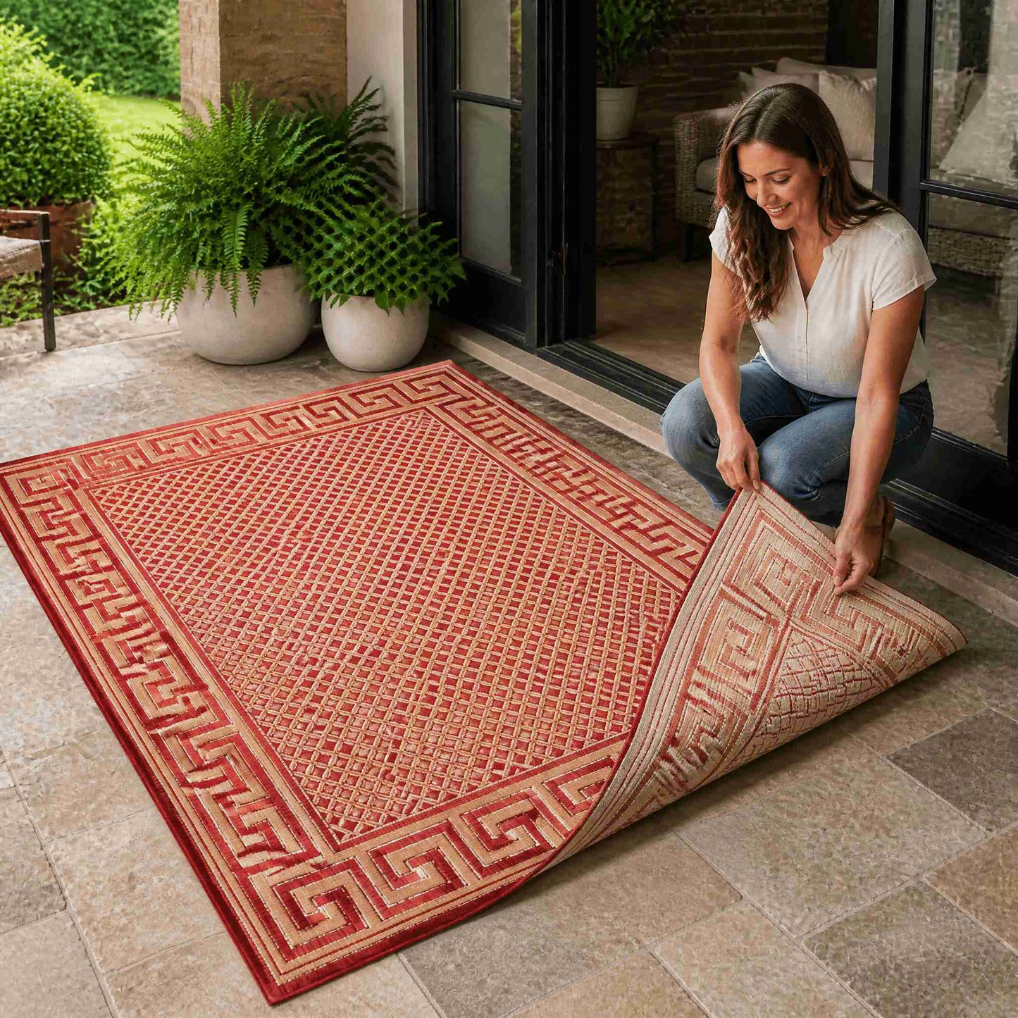 Greek Key Reversible Outdoor Rug – Weather-Resistant Indoor Outdoor Patio Rug