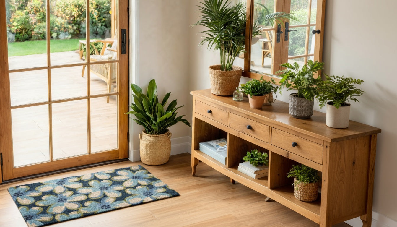 A spring themed natural coir doormat