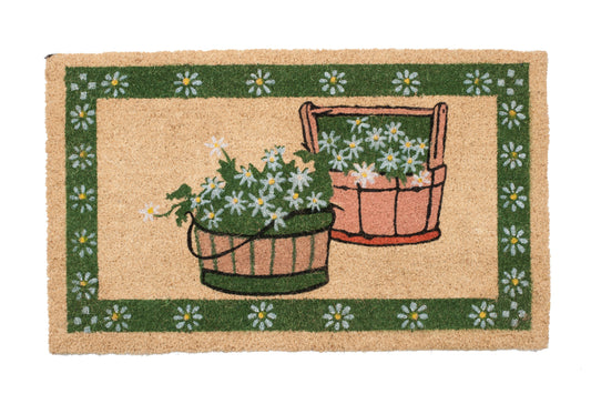 Doormat with floral design featuring baskets and flowers on a green border.