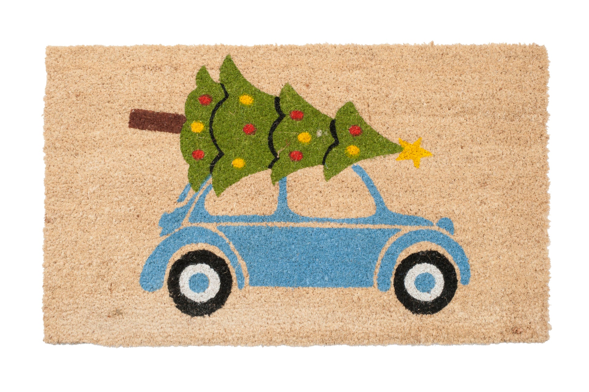 Doormat with a blue beetle car carrying a Christmas tree design on a beige background