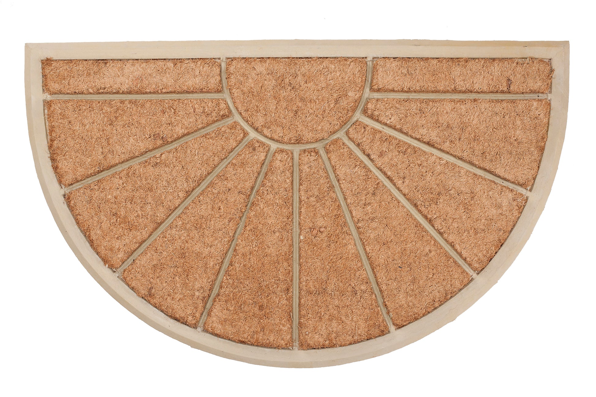 Semi-circular doormat with a sunburst pattern on a white background