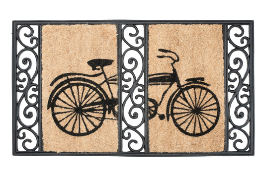 brown door mat with bicycle design decorative border