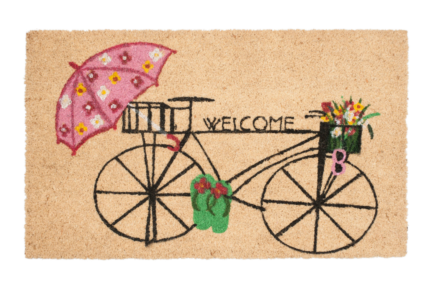 Doormat with bicycle design, flowers, and umbrella on a beige background