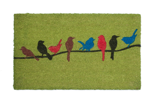 Doormat with colorful birds design on a green background