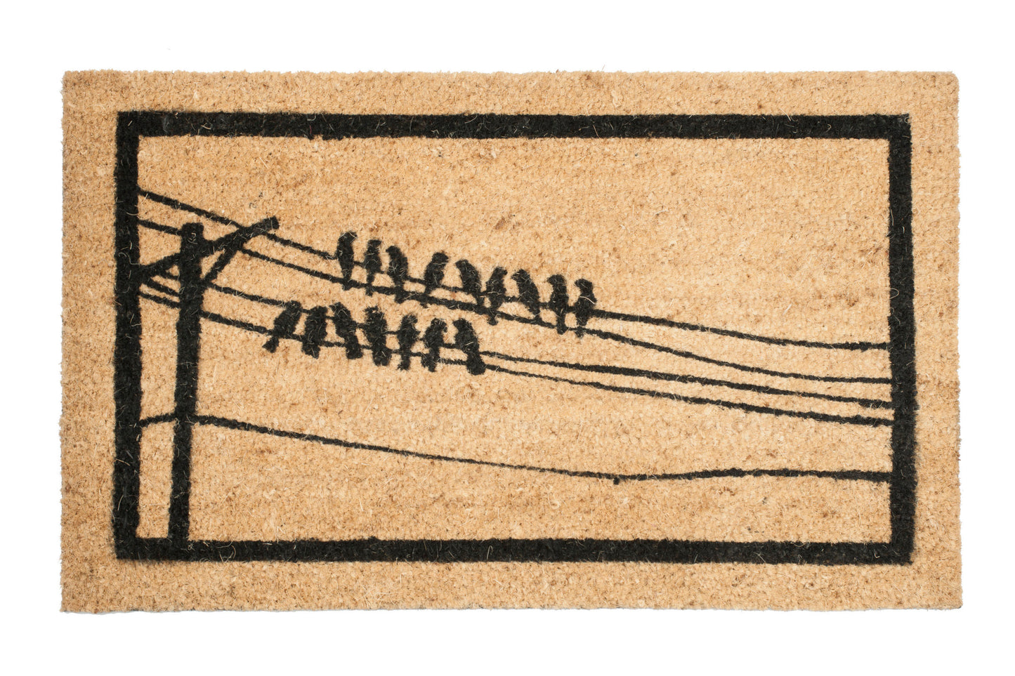 Doormat with black line art of birds on a wire on a beige background