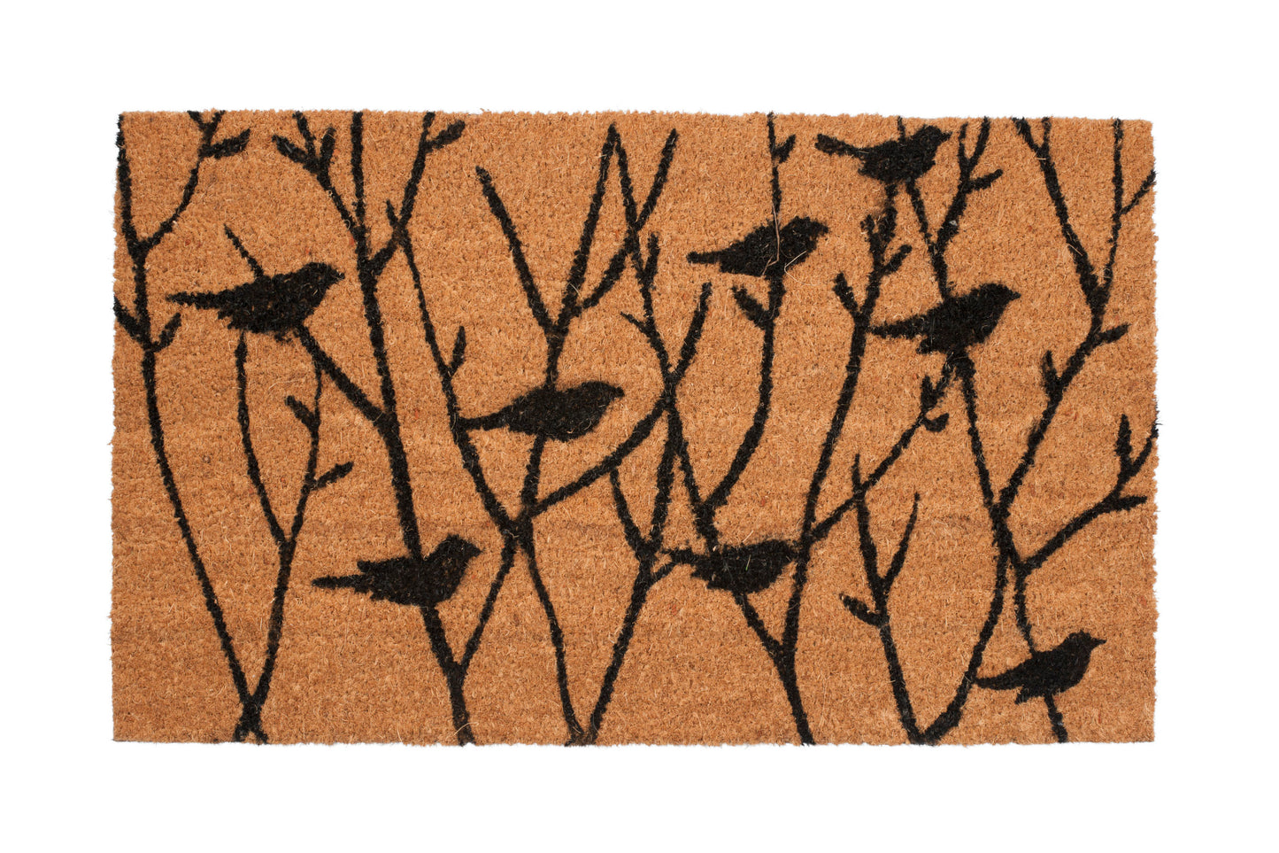 Doormat with black bird and branch pattern on a beige background