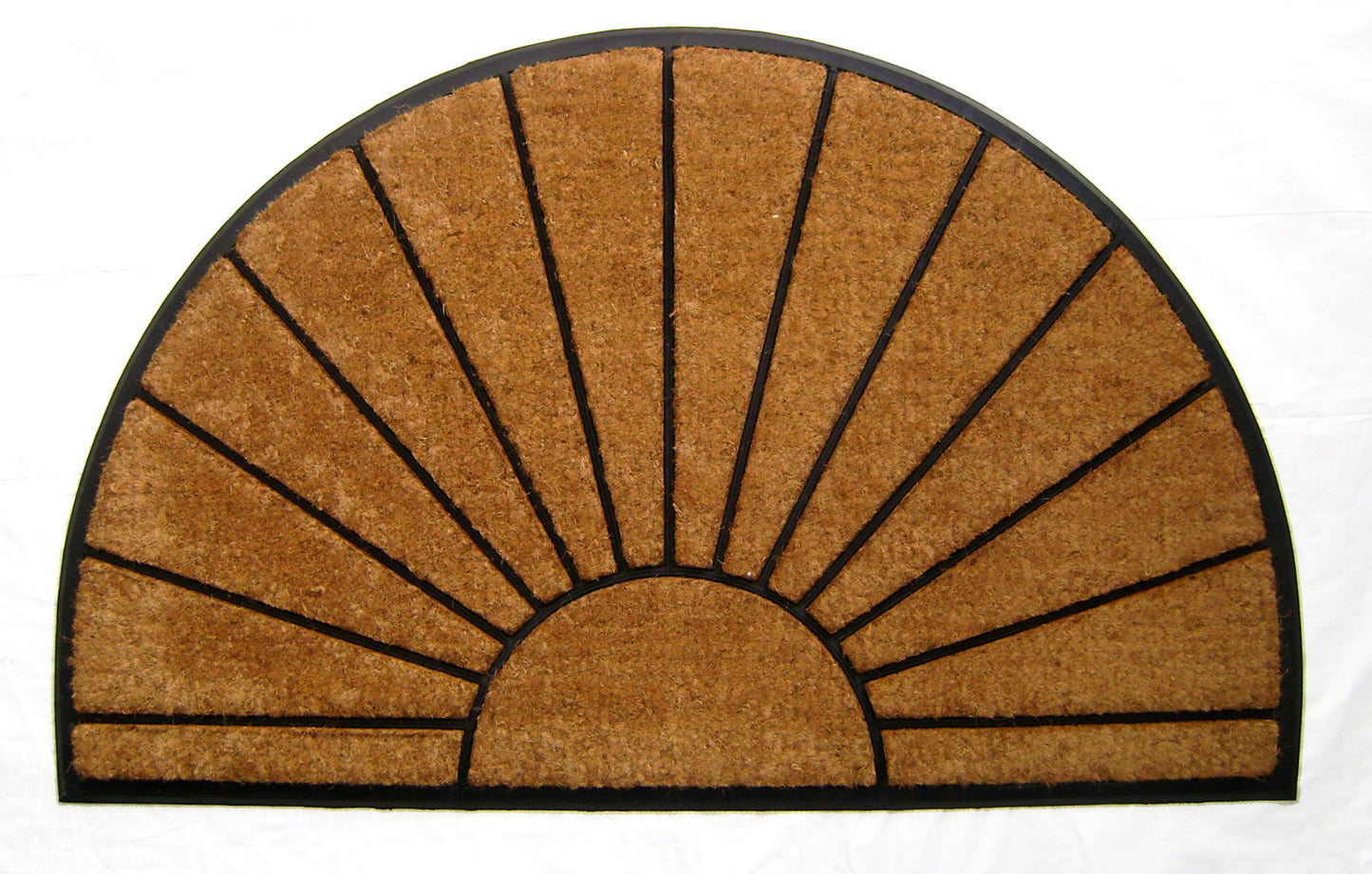 Semicircular doormat with sunburst design on a white background