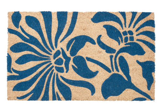 Doormat with blue floral pattern on beige background