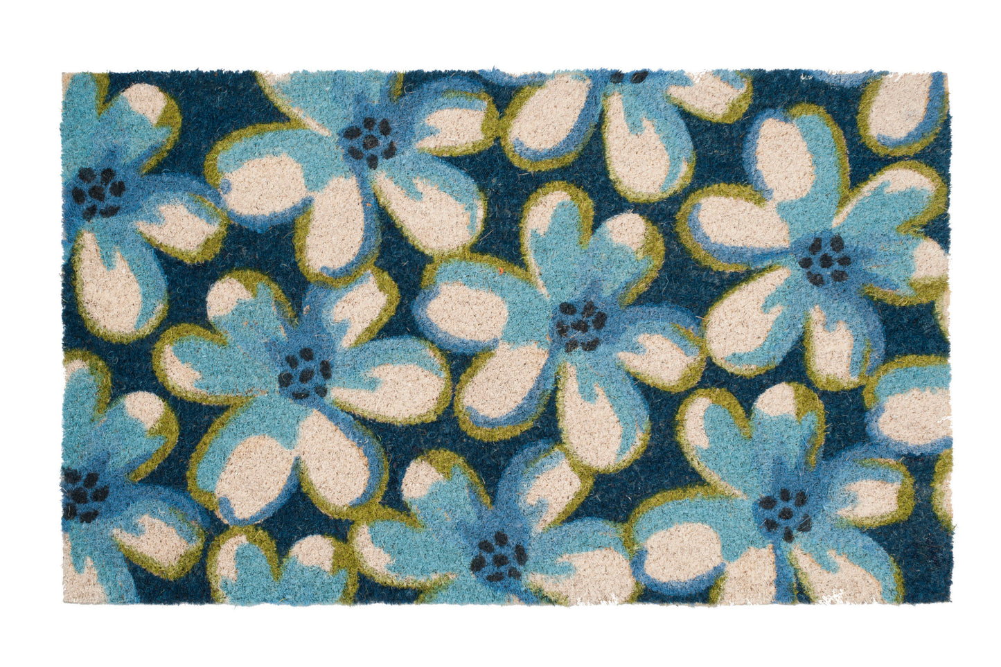 Floral patterned rug with blue and white flowers on a dark blue background