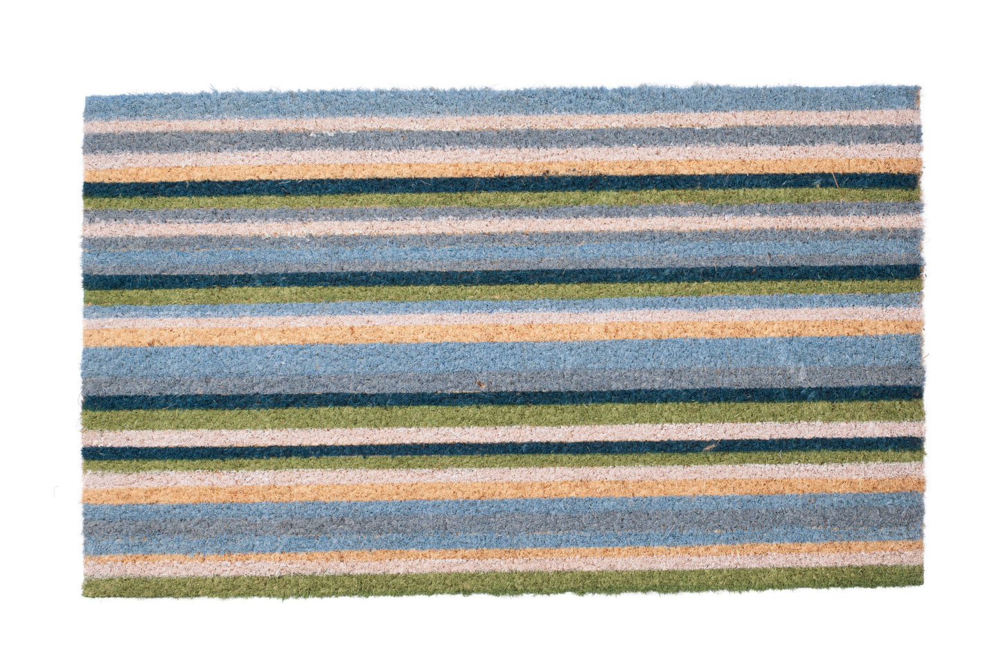 Striped rug with blue, green, and beige colors on a white background