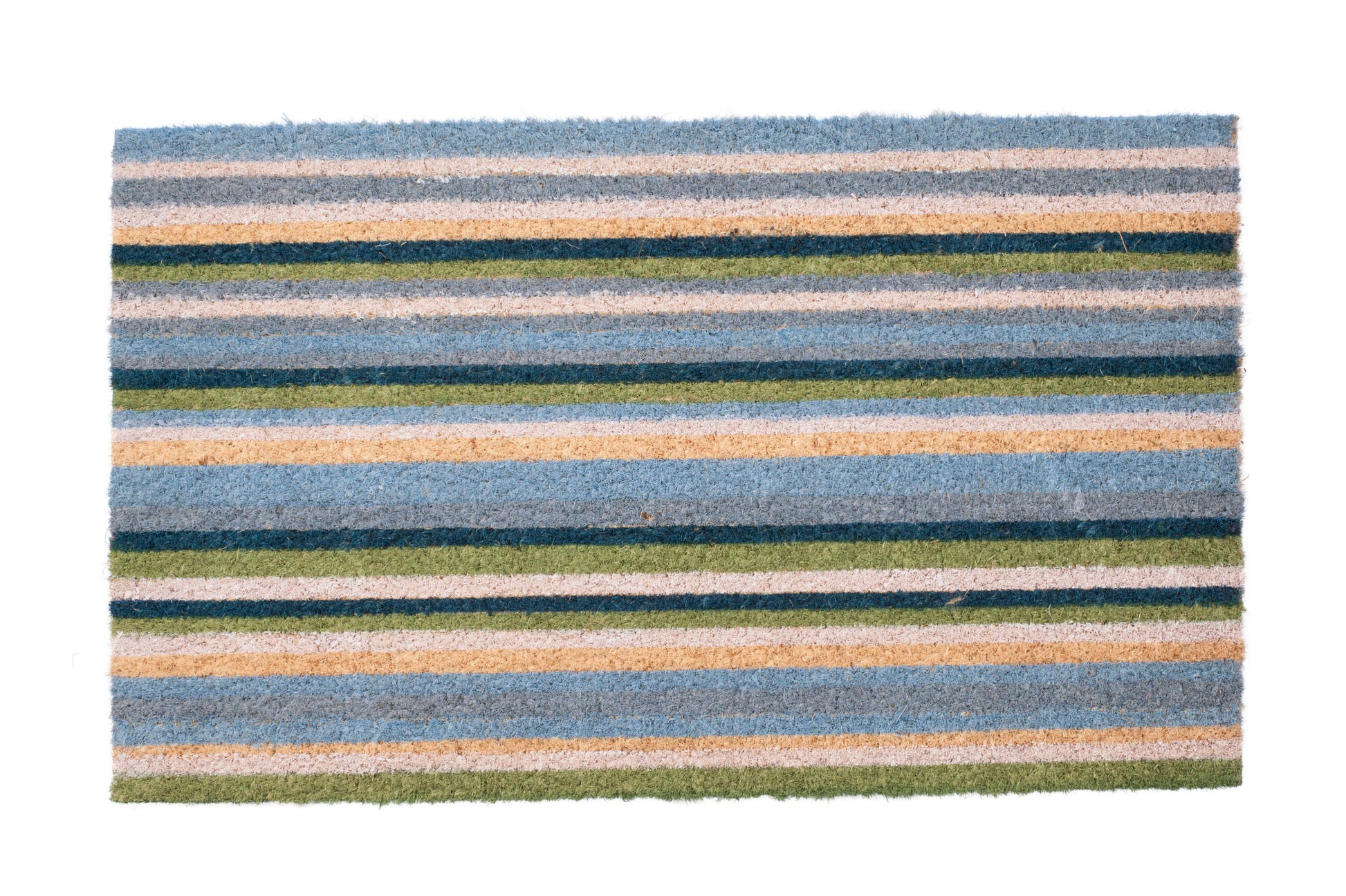 Striped rug with blue, green, and beige colors on a white background