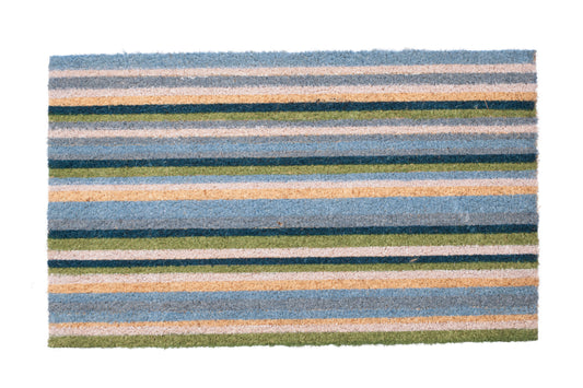 Striped rug with blue, green, and beige colors on a white background
