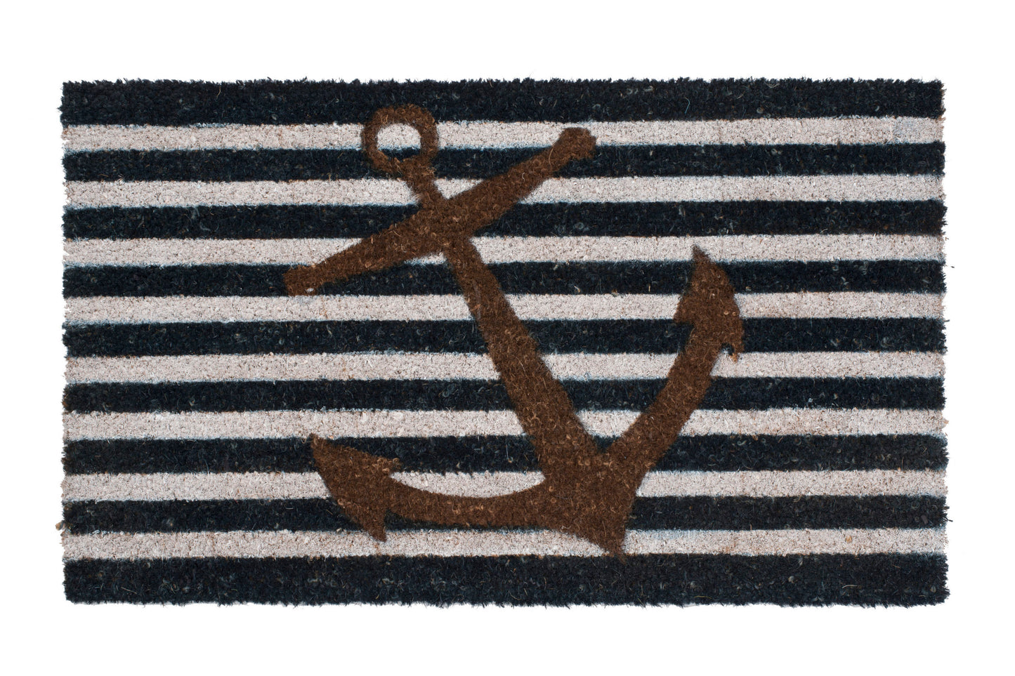 Doormat with anchor design on black and white striped background