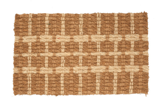 Woven mat with brown and beige plaid pattern on a white background
