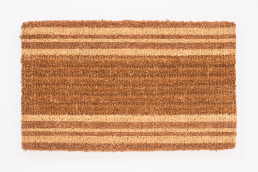 Brown doormat with striped pattern on a white background