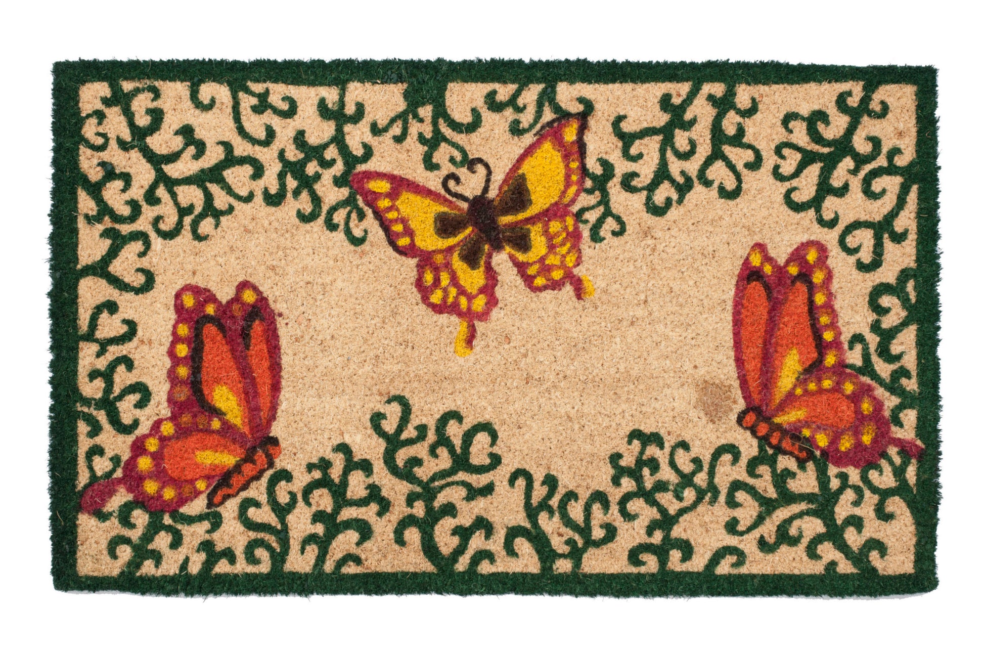 Decorative beige doormat with butterfly and vine design on a white background