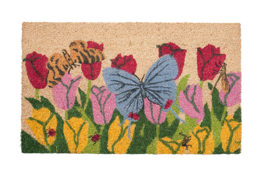 Decorative doormat with butterflies and flowers on a beige background