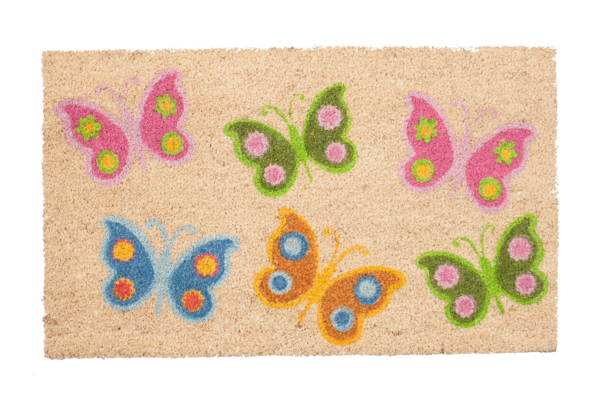 Doormat with colorful butterfly designs on a beige background