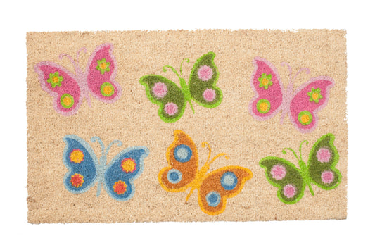 Doormat with colorful butterfly designs on a beige background