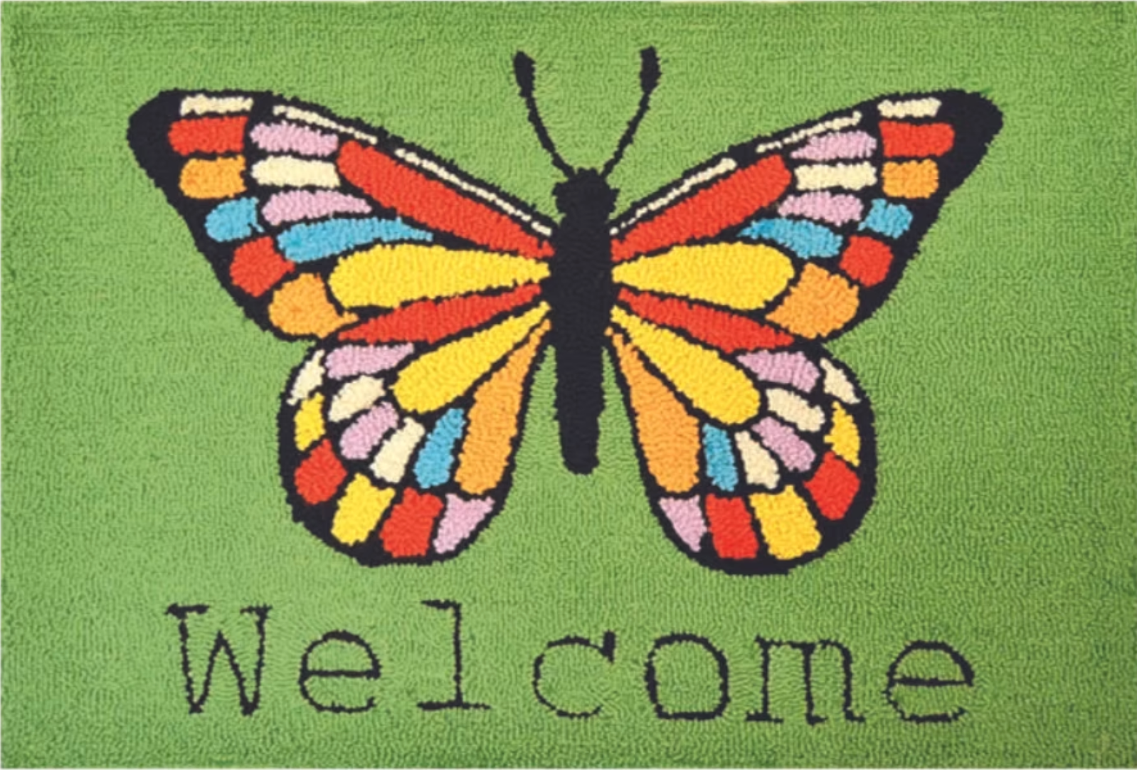 Doormat with a colorful butterfly design and 'Welcome' text on a green background