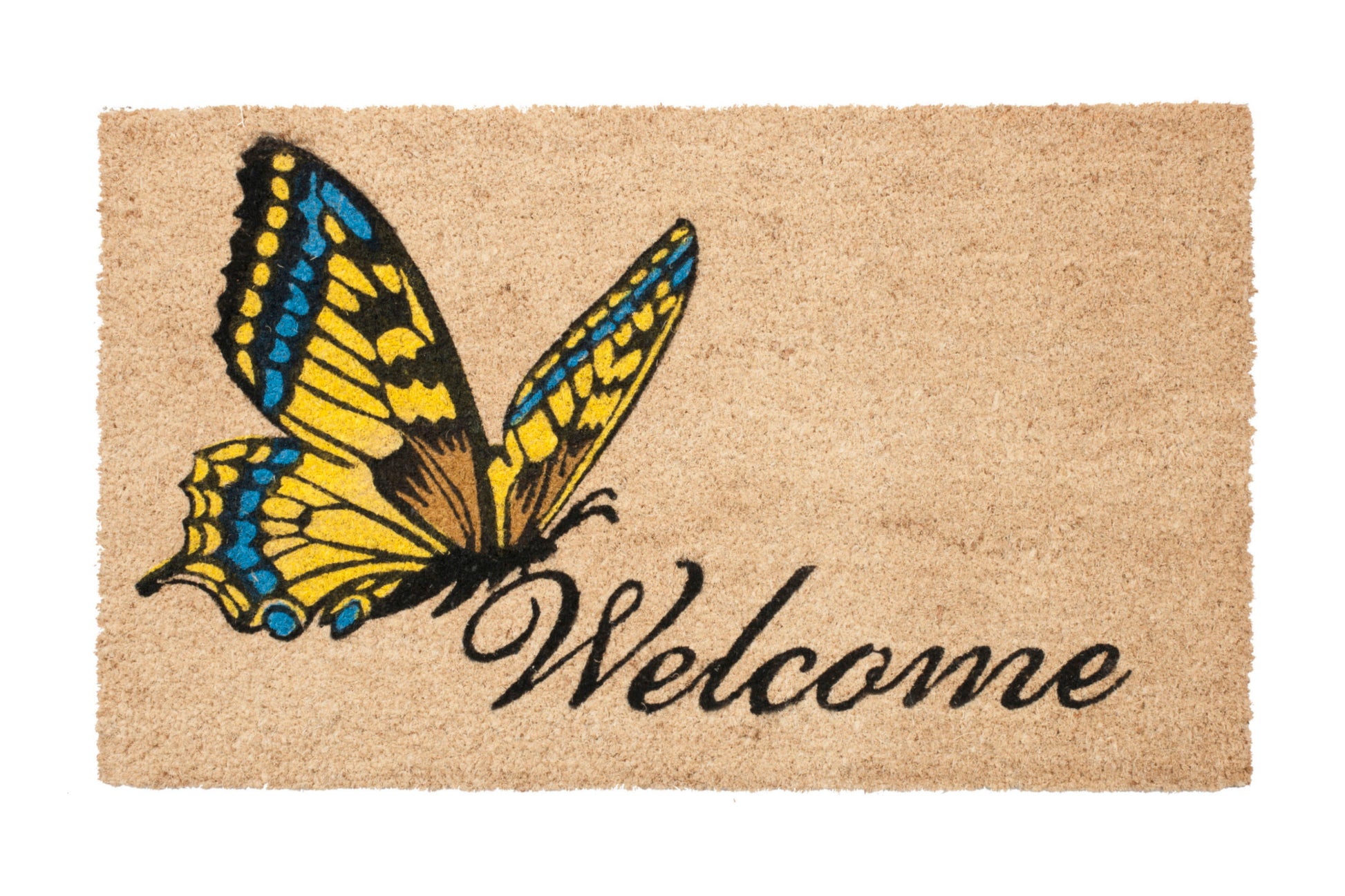Doormat with a butterfly design and 'Welcome' text on a beige background