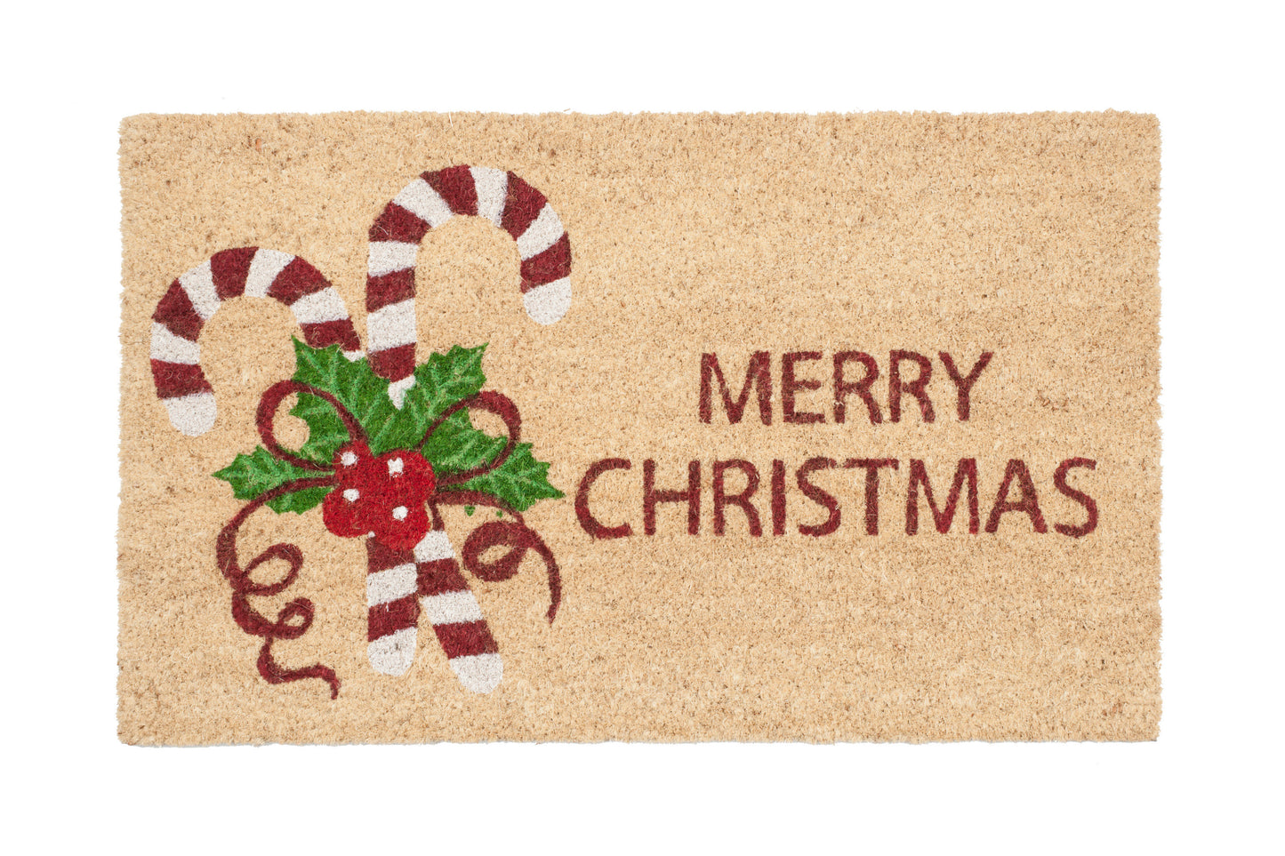 Doormat with candy canes, holly, and 'Merry Christmas' text on a beige background
