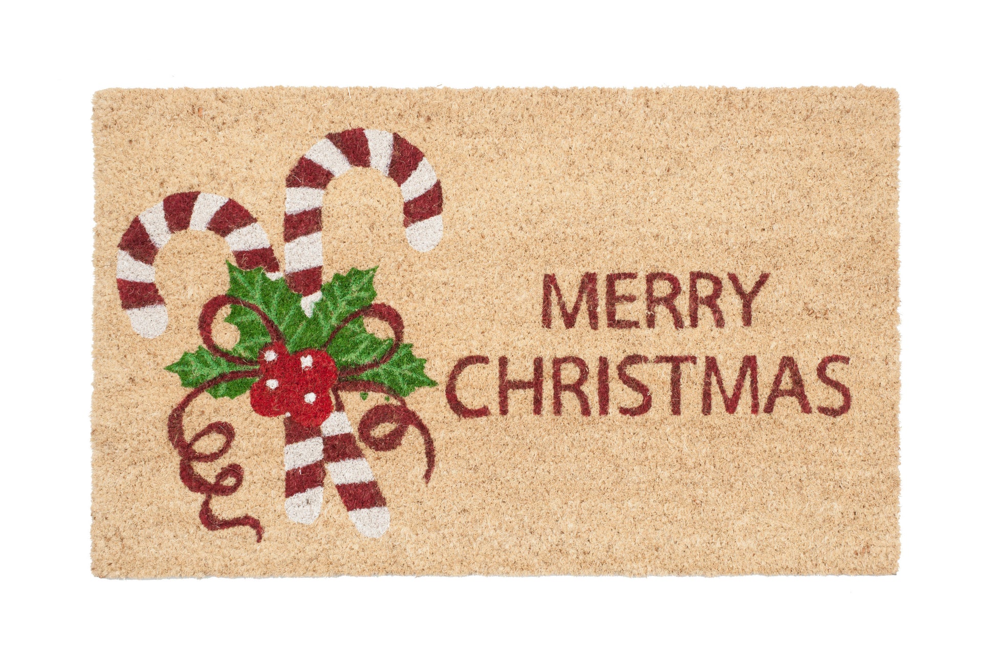 Doormat with candy canes, holly, and 'Merry Christmas' text on a beige background