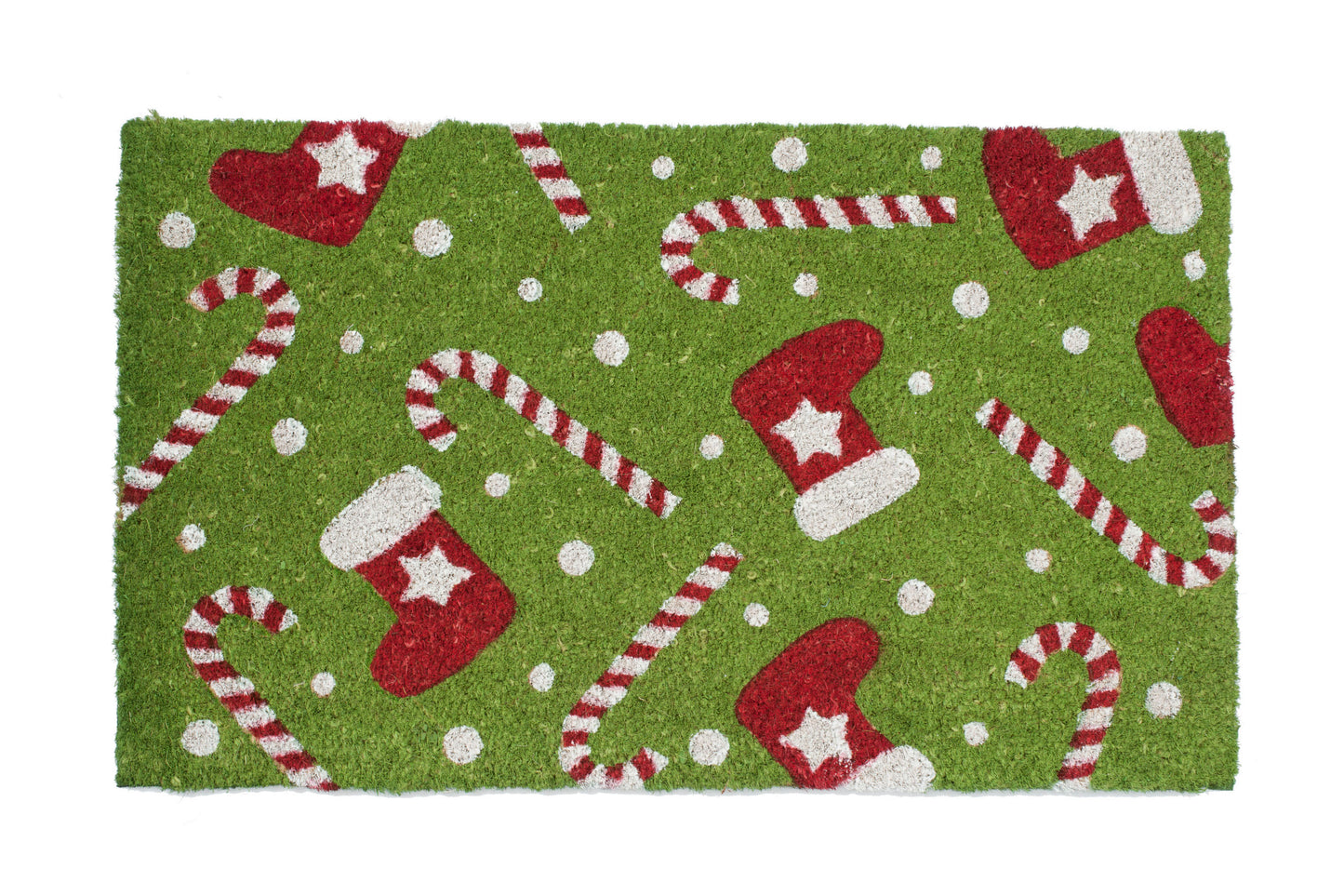 Christmas-themed doormat with candy canes and stockings on a green background