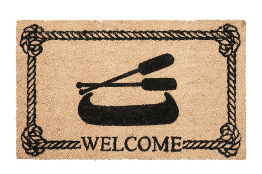 Doormat with a canoe and oars design and the word 'WELCOME' on a beige background.