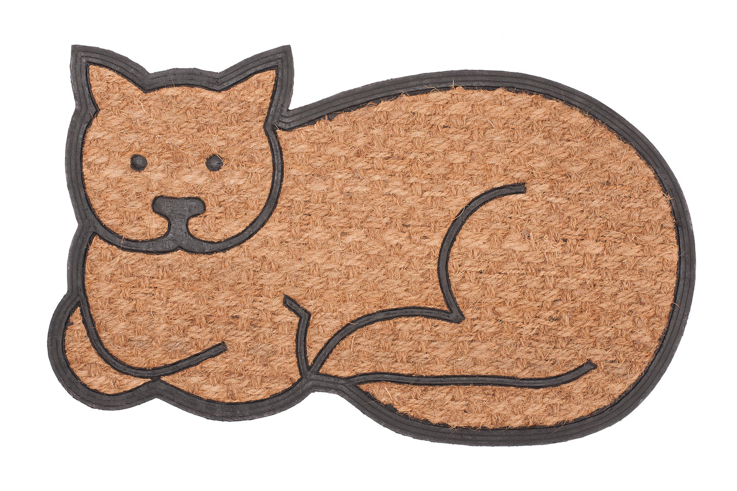 Cat-shaped doormat with a brown body and black outline on a white background