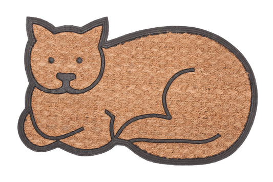 Cat-shaped doormat with a brown body and black outline on a white background