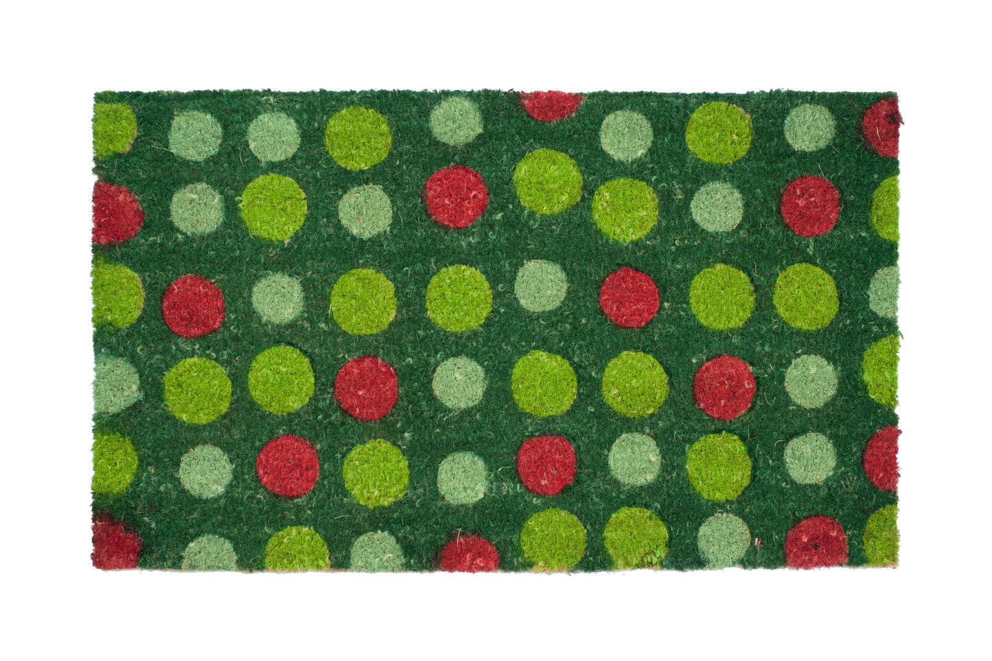 Green doormat with red and light green polka dots on a white background