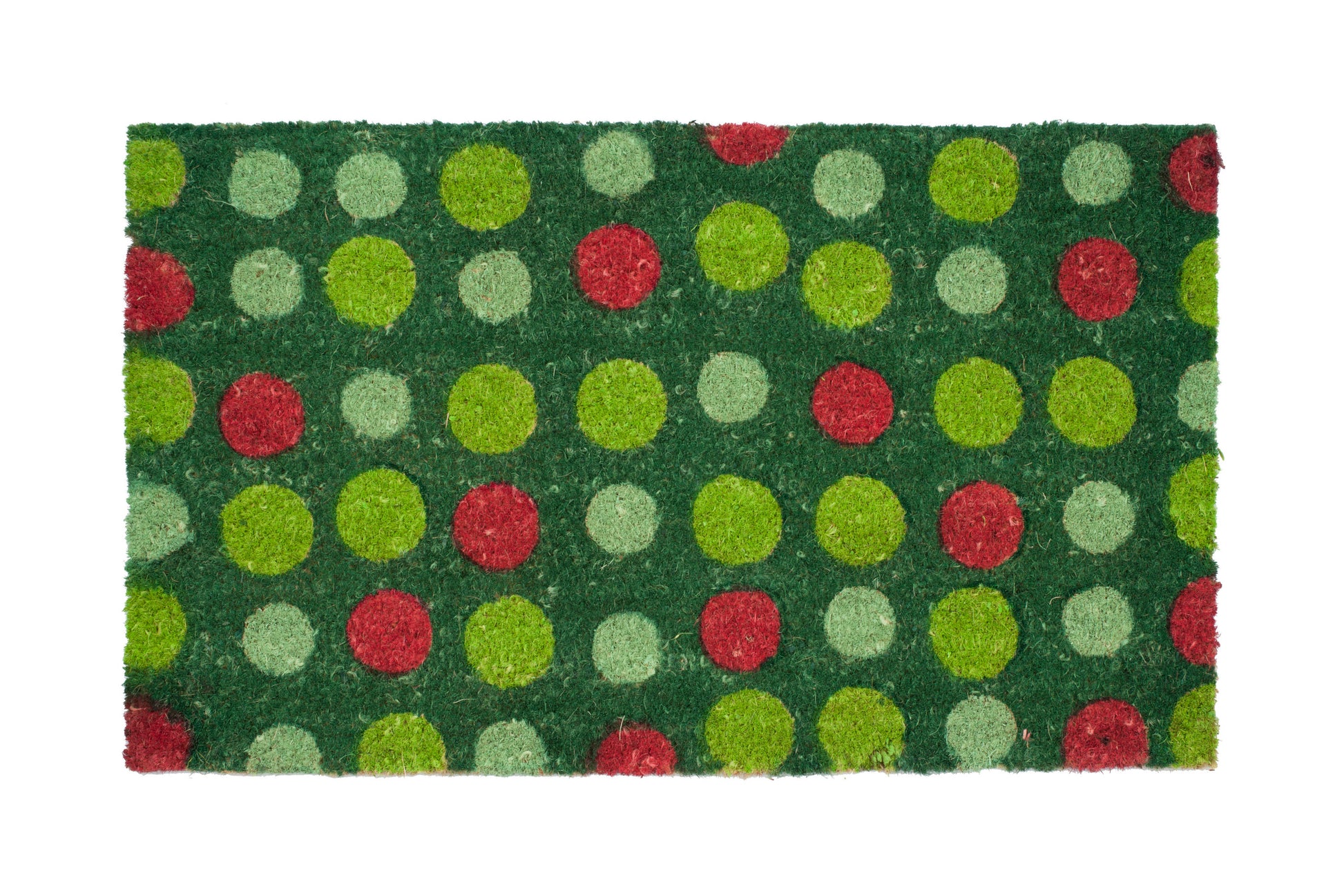Green doormat with red and light green polka dots on a white background