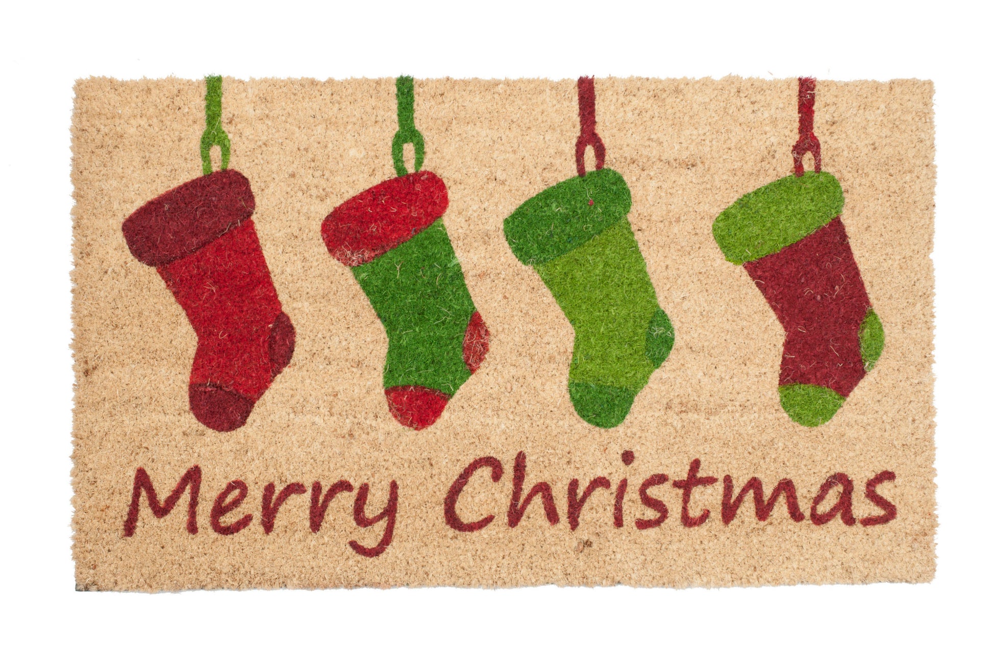 Doormat with Christmas stockings and 'Merry Christmas' text on a beige background