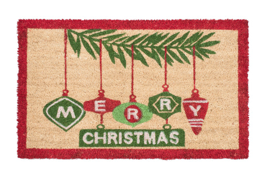 Decorative doormat with Christmas-themed design featuring ornaments spelling 'Merry Christmas'.