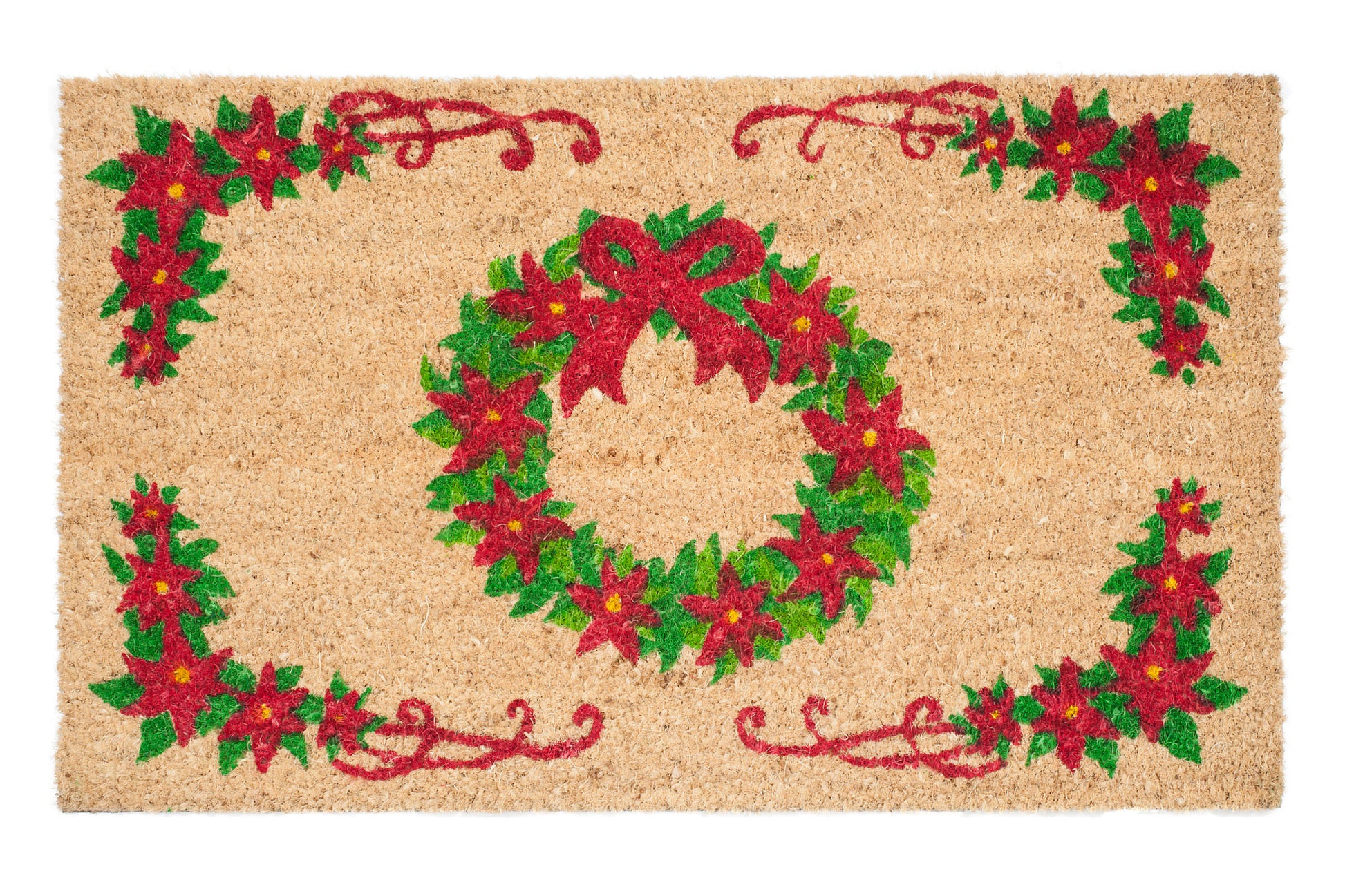 Decorative doormat with Christmas wreath and poinsettia design on a beige background