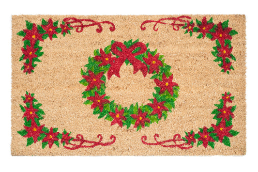 Decorative doormat with Christmas wreath and poinsettia design on a beige background