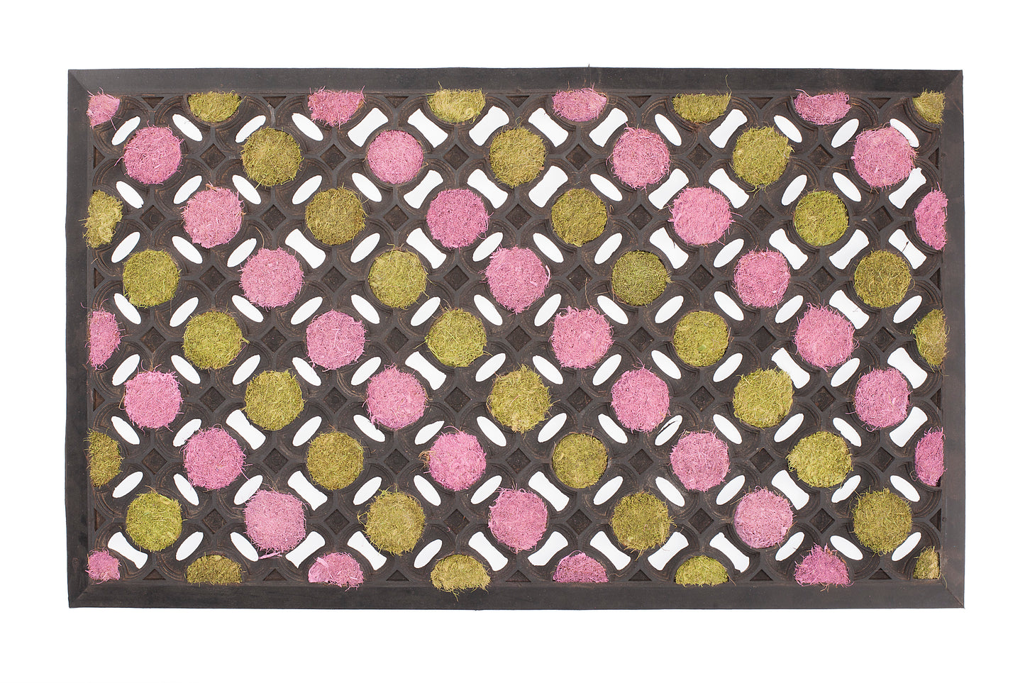 Decorative doormat with pink and green dots on a white bckground