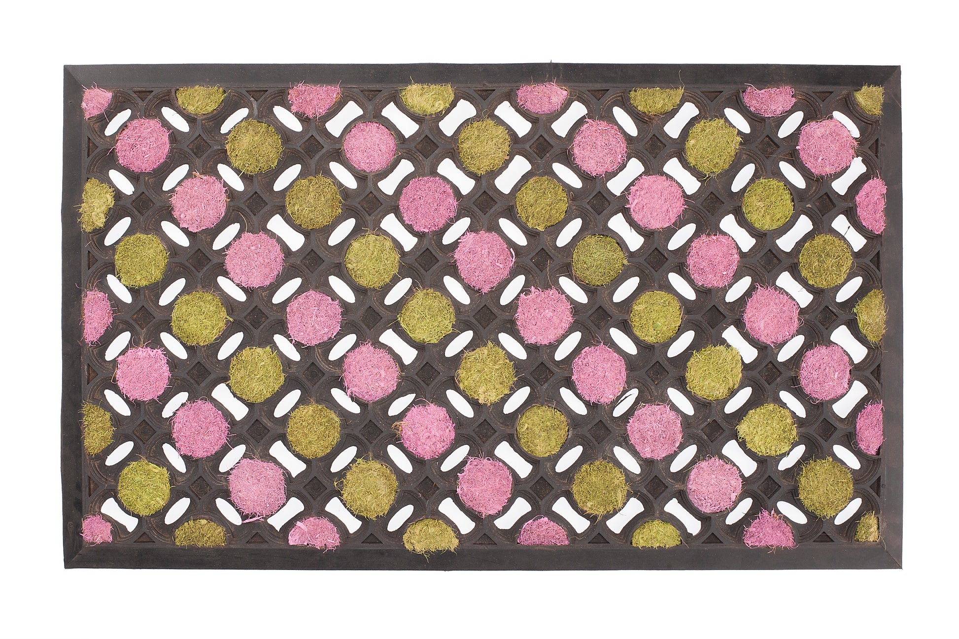 Decorative doormat with pink and green dots on a white bckground